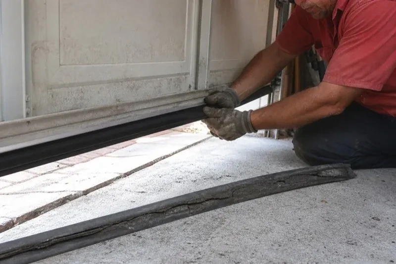 Person fitting a black strip along the bottom edge of a partly raised garage door, with a cracked strip lying on the floor. — Garage Door Bottom Seal Replacement, Burlington
