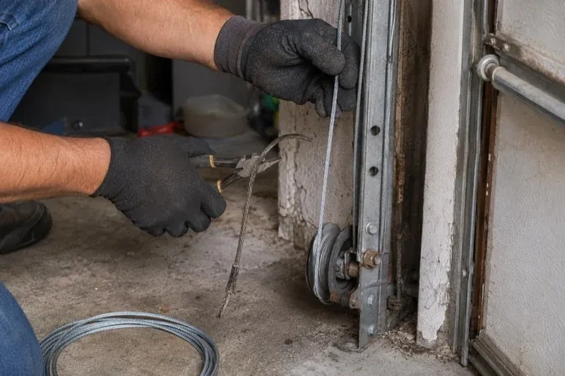 Gloved hands holding a bright cable and pliers gripping a frayed cable beside a garage-door track and pulley. — Garage Door Cable Replacement, Burlington