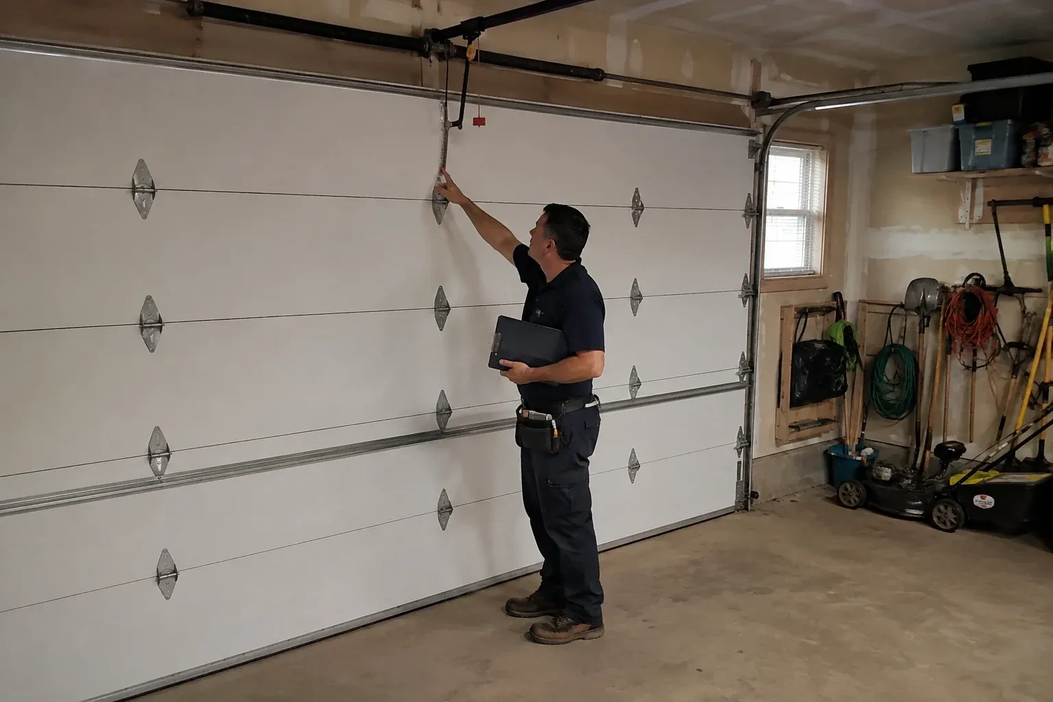 A person holding a clipboard examines the interior hardware of a closed garage door. — Garage Door Tune-Up, Burlington