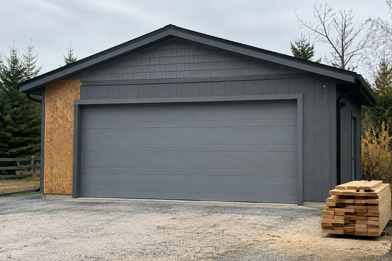 Closed grey garage door on a partly finished building beside stacked lumber. — New-Construction Garage Door Installation, Burlington