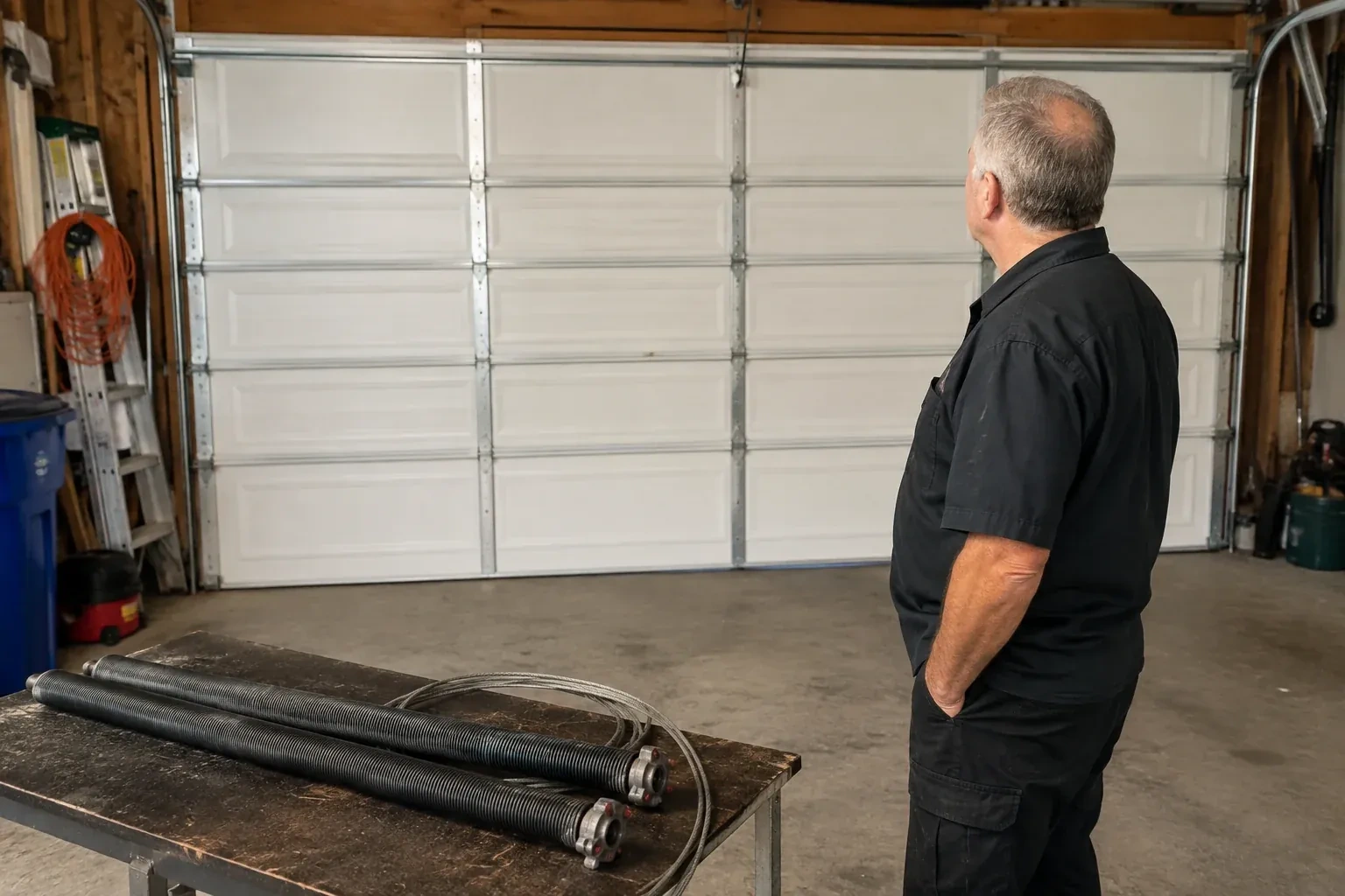 Detached coil springs with end fittings and a cable rest on a bench in front of a closed garage door. — Torsion Spring Replacement, Burlington