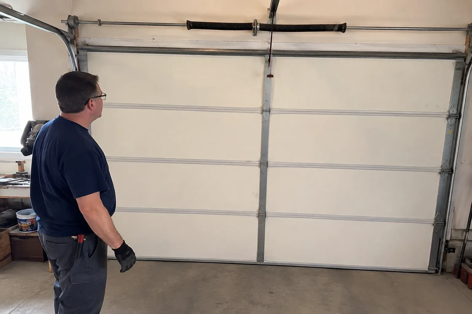 Person in a dark shirt standing before a closed cream sectional door, looking up at a coiled spring and red-tipped cord. — Off-Track Garage Door Reset, Burlington