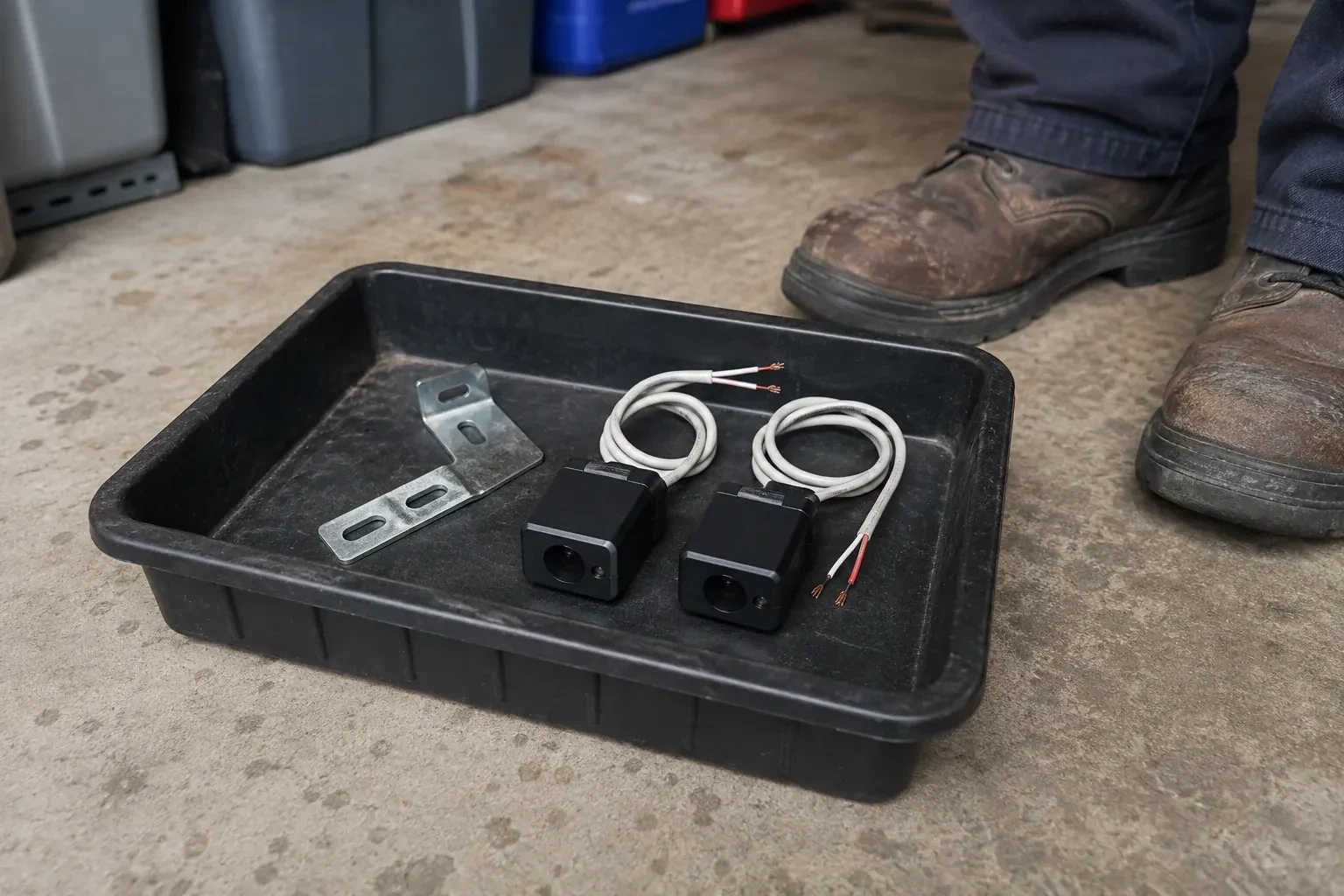 Two detached black sensors with recessed lenses and coiled wires lie in a tray beside a mounting bracket. — Photo-Eye Sensor Alignment or Replacement, Burlington