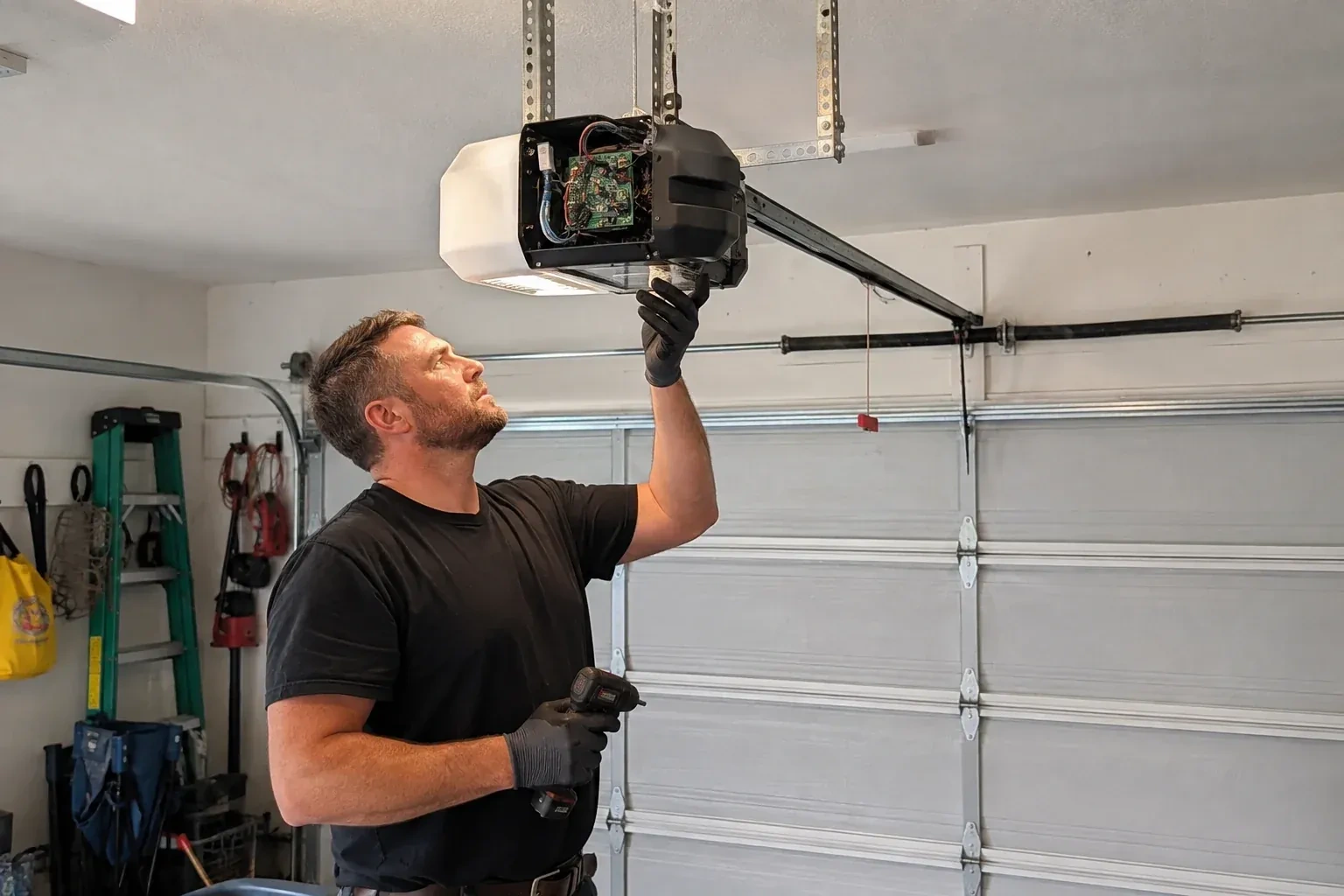 Gloved technician holding a drill and reaching up to an opener housing opened to show a green circuit board. — Belt-Drive Opener Repair, Burlington