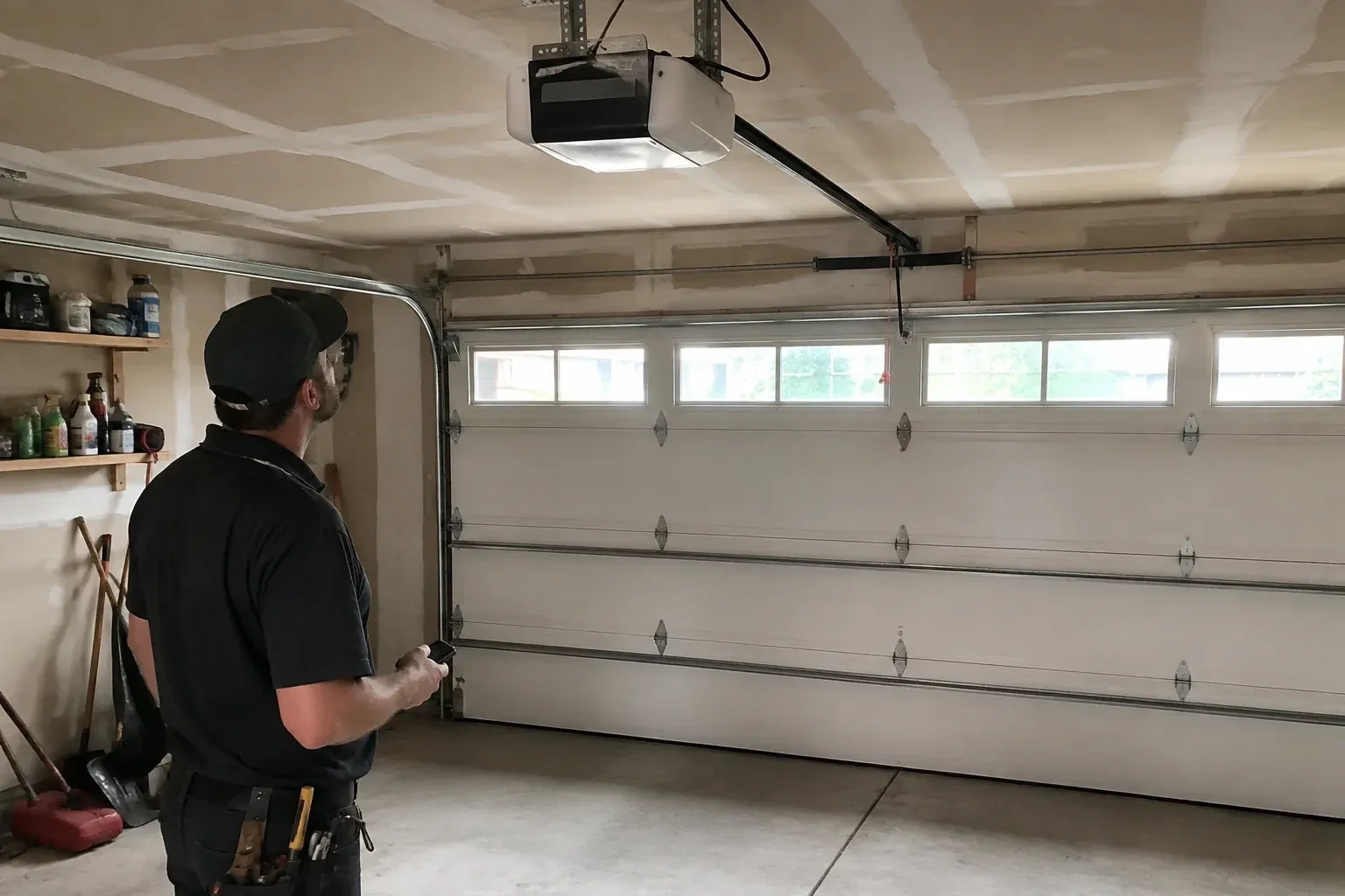 A person looks at an overhead opener above a closed garage door with a row of windows. — Garage Door Opener Replacement, Burlington