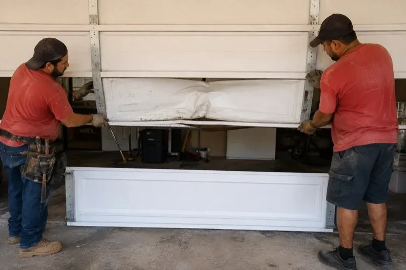 Two people holding a dented lower garage-door section above a separate white panel resting on the ground. — Garage Door Panel Replacement, Burlington