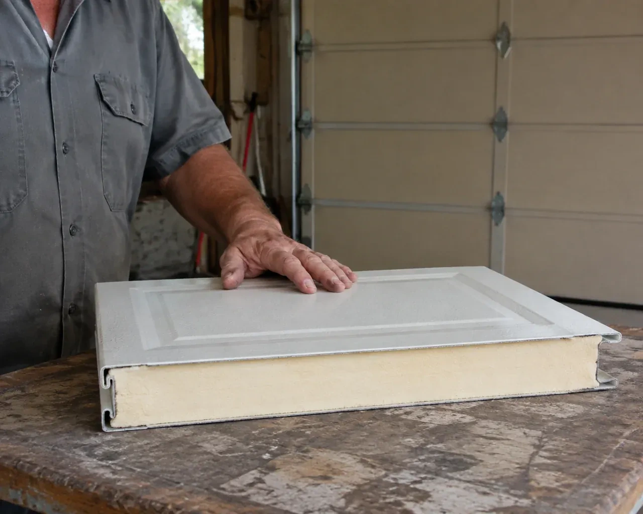A panel sample exposes a cream foam core between thin metal faces on a garage workbench. — Insulated Steel Garage Door Installation, Burlington
