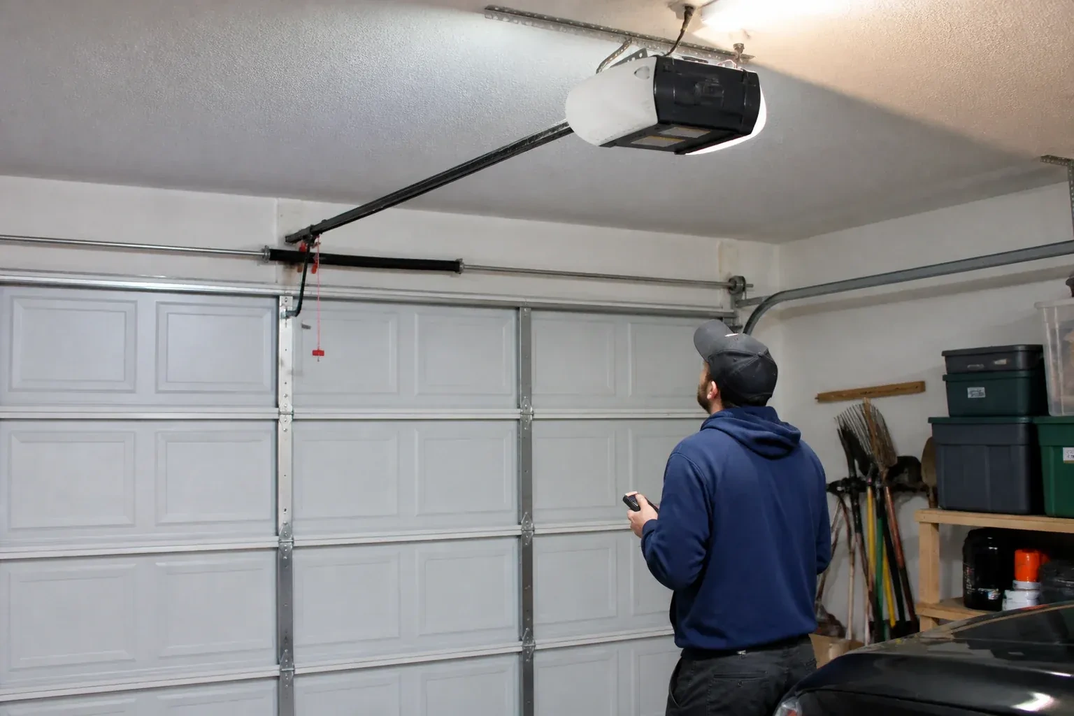 A person holding a remote looks toward an overhead garage-door opener and rail. — Garage Door Opener Diagnosis and Repair, Burlington