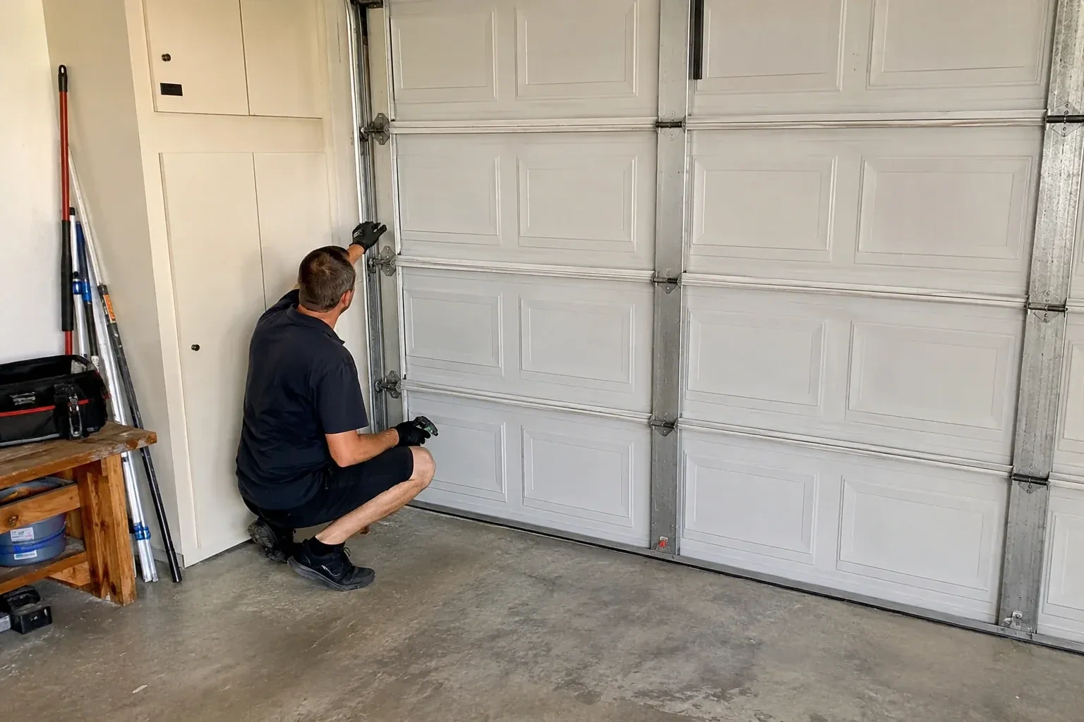 A person kneels beside the side track and hinges of a closed sectional garage door. — Garage Door Safety Inspection, Burlington
