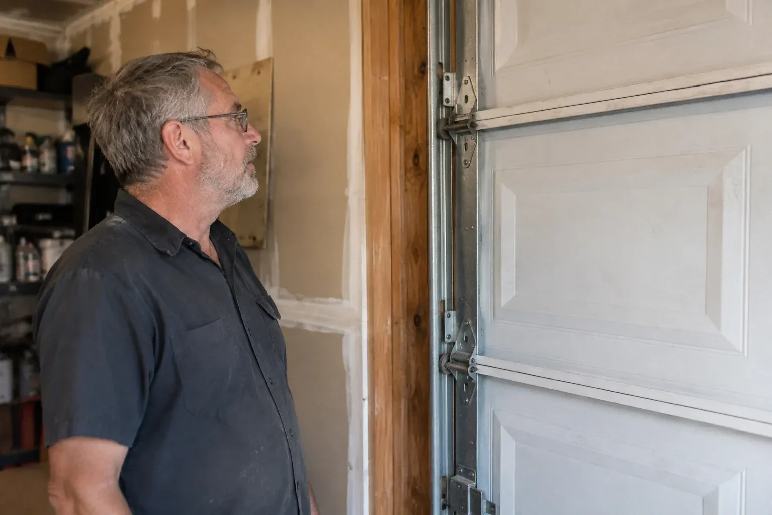 Technician looking at vertical garage door track and edge hinges. — Garage Door Track Repair or Replacement, Burlington