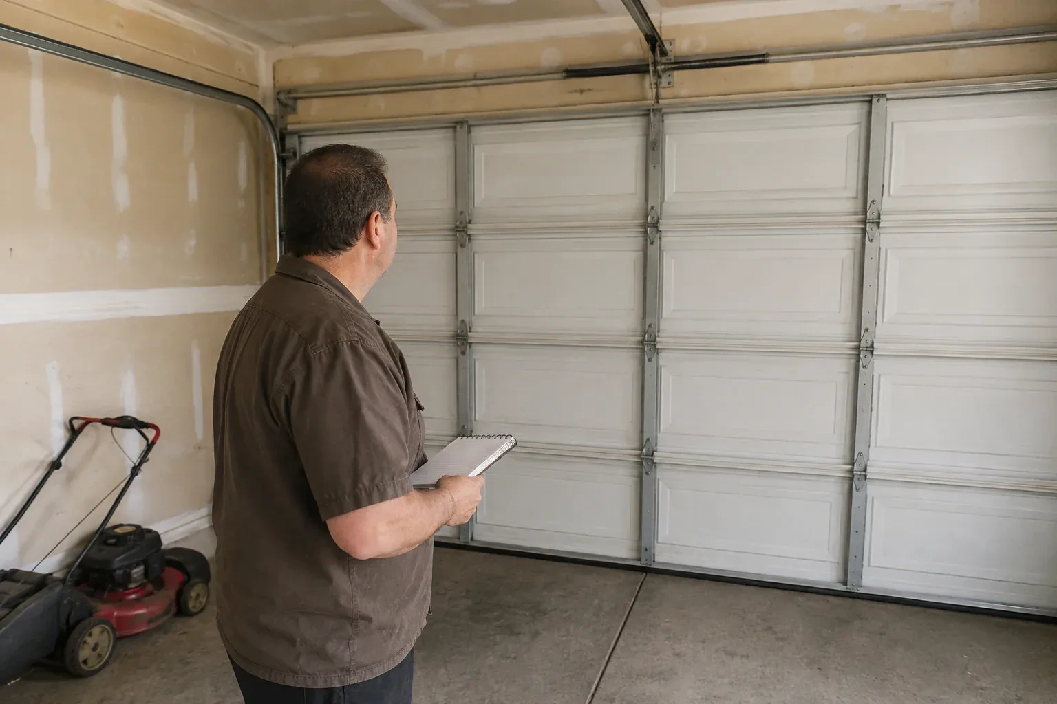 Technician holding a notebook while looking at a closed sectional door. — Garage Door Balance Adjustment, Burlington