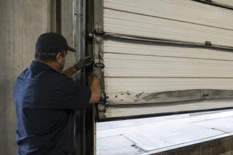 Person holding tools at the side hinge of a partly raised industrial sectional door — Commercial Sectional Door Repair, Burlington