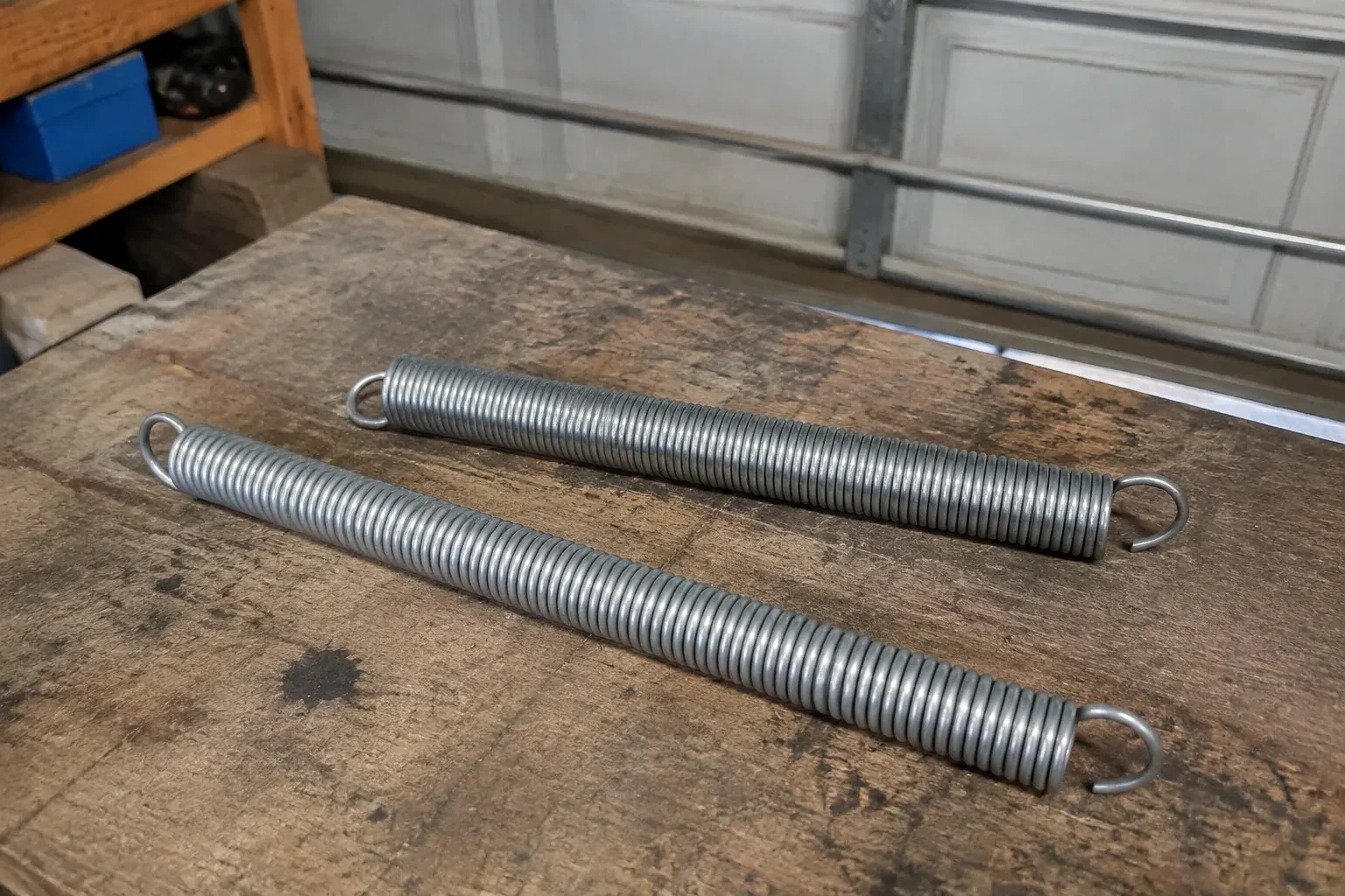 Two detached extension springs with hooked ends on a garage bench. — Extension Spring Replacement, Burlington